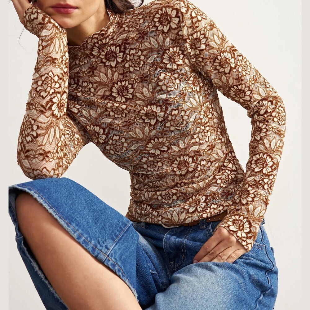 Brown / Cream Floral Sheer Lace Stand Collar Long Sleeve Tee